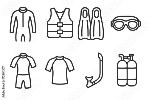 Diving and snorkeling gear icons: wetsuit, life vest, flippers, mask, shorts, snorkel, oxygen tanks