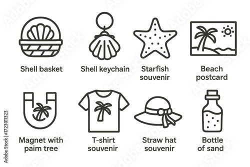 Beach-themed souvenirs: shell basket, necklace, starfish, postcard, magnet, t-shirt, hat, bottle