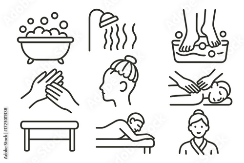 Spa and relaxation icons featuring baths massages and showers