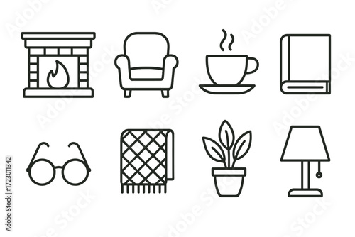 Cozy living room icons collection: fireplace, armchair, coffee, book, glasses, blanket, plant, lamp