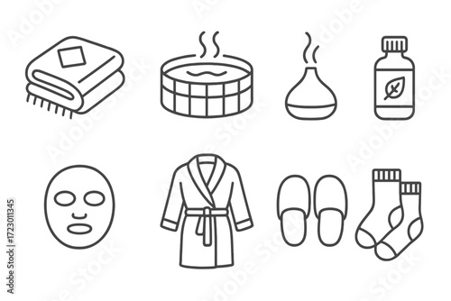 Spa essentials set: towel, hot tub, diffuser, bottle, face mask, robe, slippers, socks