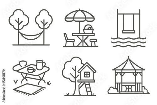 Outline icons of outdoor activities: picnic, treehouse, swing, hammock, gazebo