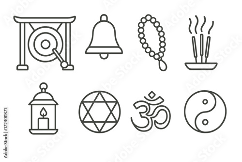 Outline icons of gong, bell, prayer beads, incense, lantern, hexagram, om symbol, yin yang