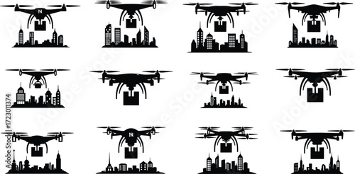 Drone delivery icons, urban logistics, cityscape transport, quadcopter package, futuristic shipping, smart technology, aerial transport, modern logistics, innovation, black silhouette