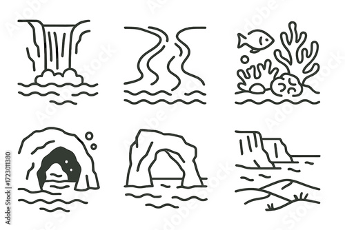 Minimalist waterfall rivers coral cave arch cliff line art icons