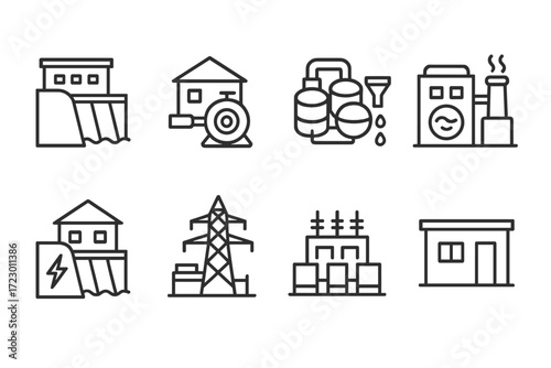 Set of industrial energy icons featuring power plants and equipment