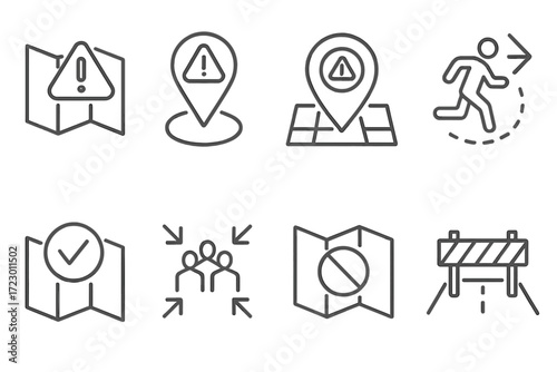 Set of minimalistic route and caution icons for navigation and safety