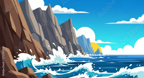 Waves crashing against rugged cliffs along the coastline.