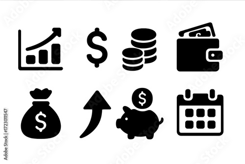 Financial Growth Icons. Financial growth. Filled icon set of Financial growth: rising chart, dollar sign,