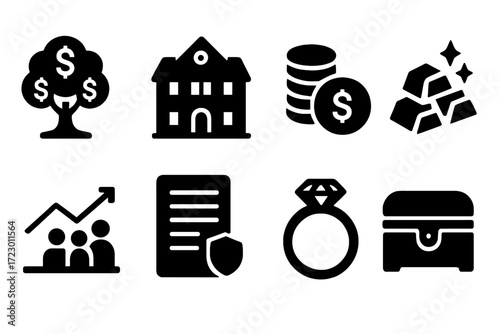 Generational Wealth Icons. Generational wealth. Filled icon set of Generational wealth: money tree, estate