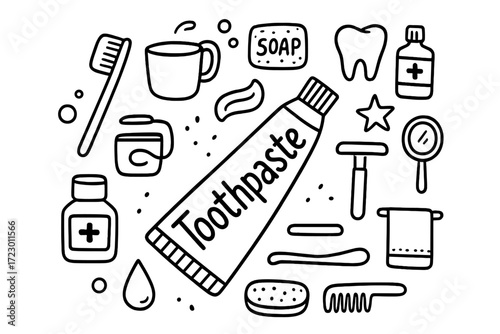 Toothpaste Doodle Collection. Toothpaste. Hand-drawn doodle illustration of toothpaste. In the middle, one
