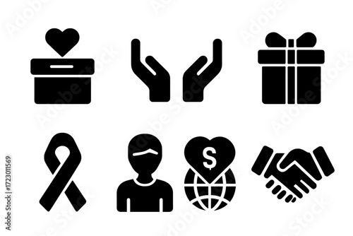 Charity Icons Grid. Charitable giving. Filled icon set of Charitable giving: donation box, open hands, heart
