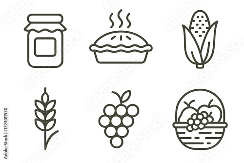 Line art icons: jar, pie, corn, wheat, grapes, fruit basket - simple black and white design