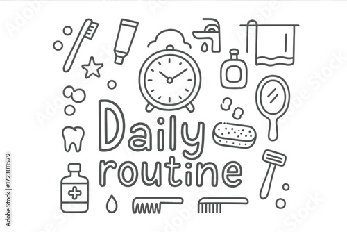 Daily Routine Doodles. Daily routine. Hand-drawn doodle illustration of daily routine. In the middle, one