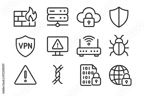 Network Security Icons. Network Defense. Line outline icon set of Network Defense: firewall, server, cloud