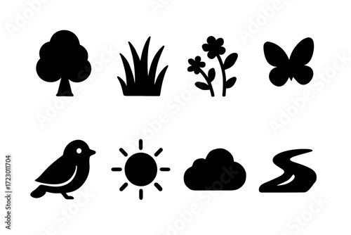 Nature Icon Grid. Nature setting. Filled icon set of Nature setting: tree, tall grass, wildflowers, butterfly,