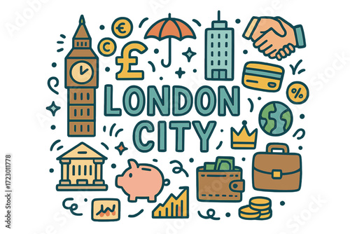 London Icons Doodle. London City. Hand-drawn doodle illustration of London City. Big Ben, pound sign, coins,
