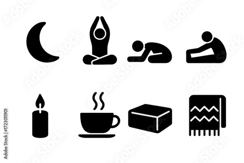 Evening Relaxation Icons. Evening relaxation. Filled icon set of Evening relaxation: moon icon, seated stretch