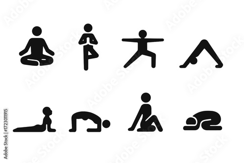 Yoga Pose Icons. Yoga poses. Filled icon set of Yoga poses: lotus pose, tree pose, warrior pose, downward dog,