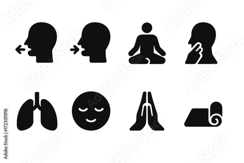 Breathing Exercise Icons. Breathing exercises. Filled icon set of Breathing exercises: inhale icon, exhale