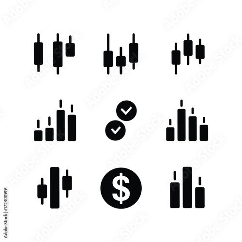 Financial market trading candlestick charts and dollar sign icons representing investment success