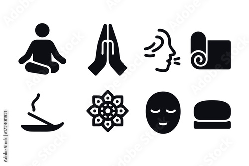 Meditation Icon Set. Meditation practice. Filled icon set of Meditation practice: sitting cross-legged, hands