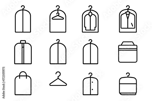 Garment Bag Icons. Garment Bags. Line outline icon set of Garment Bags: long garment bag, zipper line, hanger