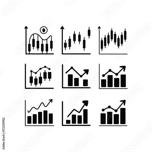 Collection of nine distinct financial market candlestick and bar chart trading diagrams hand-drawn.