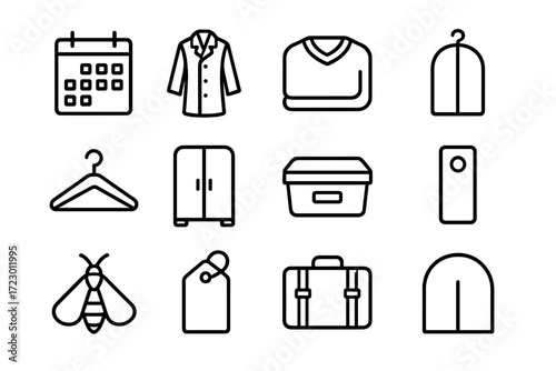 Seasonal Wardrobe Icons. Seasonal Wardrobe Care. Line outline icon set of Seasonal Wardrobe Care: calendar,