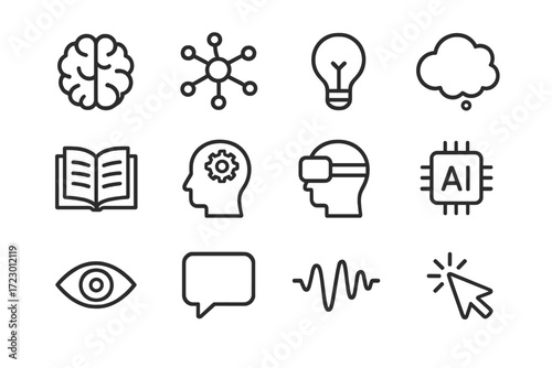 Cognitive Interaction Icons. Cognitive Interaction. Line outline icon set of Cognitive Interaction: human