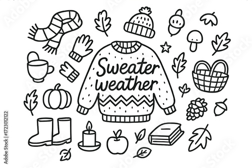 Sweater Weather Doodle. Sweater weather. Hand-drawn doodle illustration of sweater weather. In the middle, one