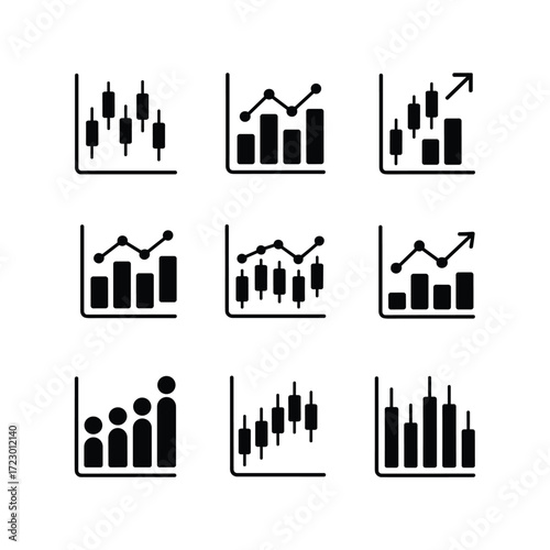 Set of nine simple black and white financial trading chart icons showing different data trends
