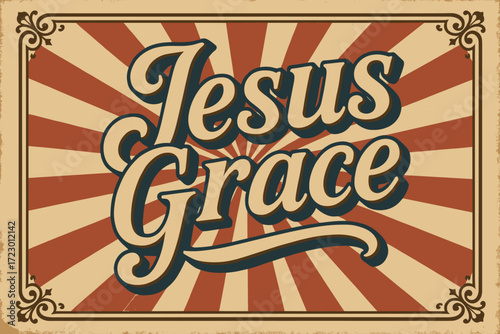 Jesus Grace Typography. “Jesus grace”. vintage serif script, shadowed outlines, aged print texture, nostalgic