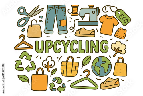 Colorful Upcycling Doodle Art. Upcycling. Hand-drawn doodle illustration of Upcycling. Scissors, old jeans,