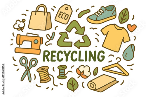 Colorful Recycling Doodles. Recycling. Hand-drawn doodle illustration of Recycling. Recycle arrows, eco tag,