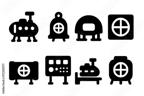 Underwater Habitat Icons. Underwater habitats. Filled icon set of Underwater habitats: research pod, diving