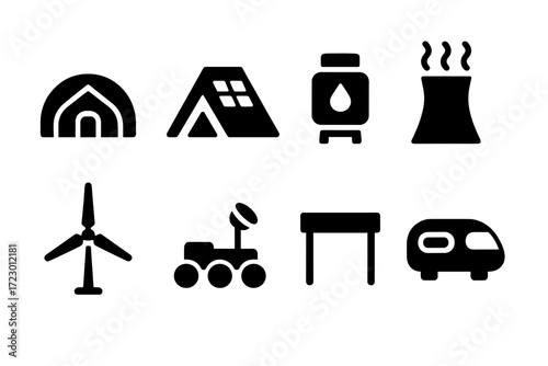 Desert Habitat Icons. Desert habitats. Filled icon set of Desert habitats: dome shelter, solar tent, water