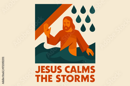 Jesus Calms Storm. “Jesus calms storms”. geometric sans heavy, flat fills, long angled shadows, minimalist