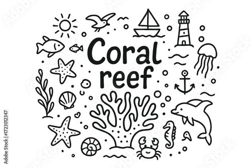 Coral Reef Doodle. Coral reef. Hand-drawn doodle illustration of a coral reef. In the middle, one slightly