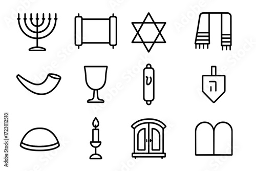 Icons of Jewish Artifacts. Jewish Sacred Artifacts. Line outline icon set of Jewish Sacred Artifacts: menorah,