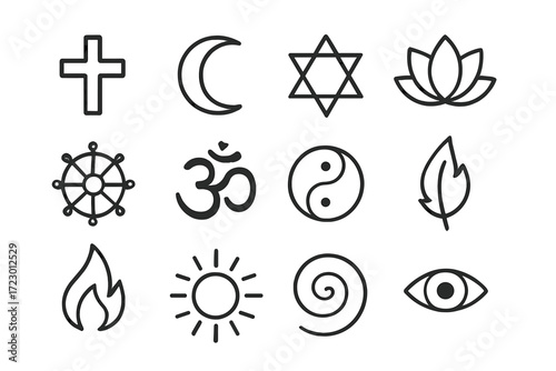 Universal Sacred Icons. Universal Sacred Symbols. Line outline icon set of Universal Sacred Symbols: cross,