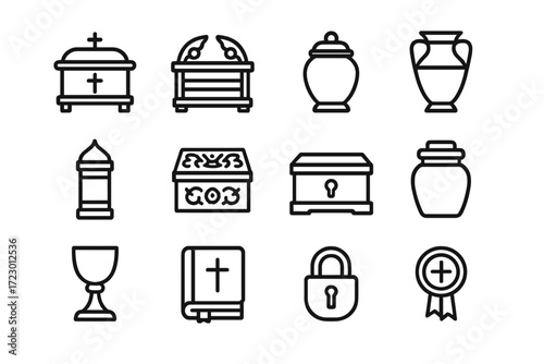 Sacred Relic Icons. Relics and Containers. Line outline icon set of Relics and Containers: reliquary box,