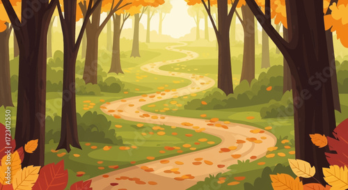 Winding path through an autumn forest with fallen leaves.
