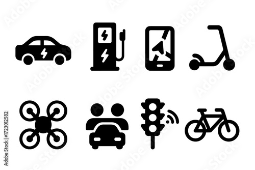 Transportation Icons Grid. Transportation tech. Filled icon set of Transportation tech: electric car, charging