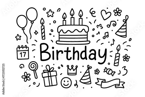 Birthday Doodle Celebration. Birthday. Hand-drawn doodle illustration of birthday. In the middle, one slightly