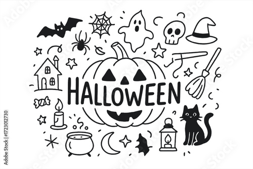 Halloween Doodle Collage. Halloween. Hand-drawn doodle illustration of Halloween. In the middle, one slightly