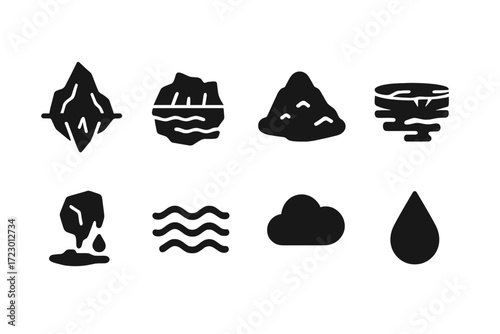 Ice Environment Icons. Ice and environment. Filled icon set of Ice and environment: iceberg, glacier, snow