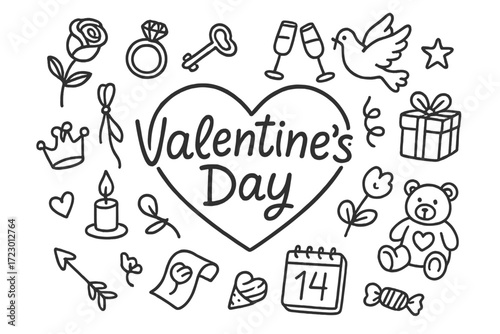 Valentine's Doodle Art. Valentine’s Day. Hand-drawn doodle illustration of Valentine’s Day. In the middle, one