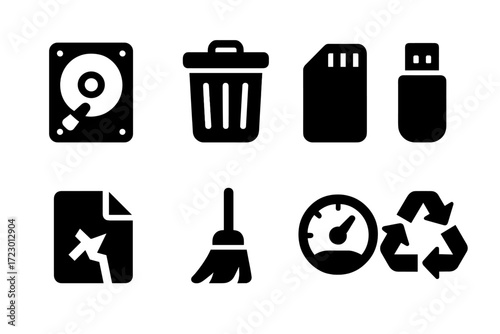 Storage Cleanup Icons. Storage cleanup. Filled icon set of Storage cleanup: hard drive, trash bin, memory card