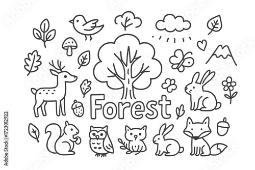 Whimsical Forest Doodle. Forest. Hand-drawn doodle illustration of a forest. In the middle, one slightly